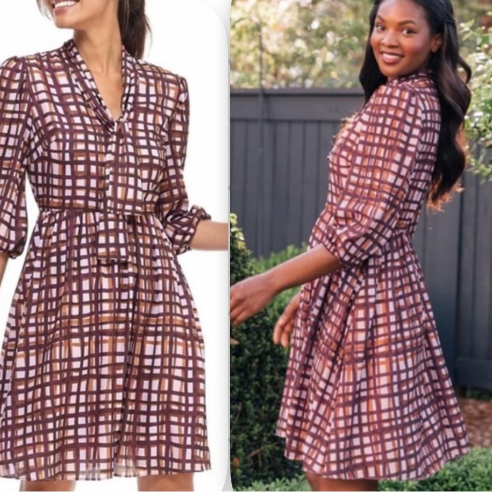 Gal Meets Glam Purple Pink Plaid Neck Tie Mini Dress Long Sleeves Size 6